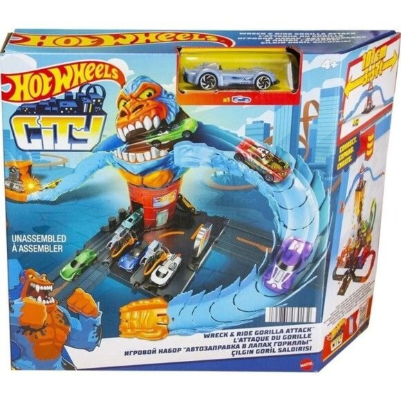 Hot Wheels City Wreck & Ride Gorilla Attack & 1 Car Connects to Gas Station Set - Picture 1 of 4